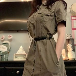 A super cute army green button up dress!